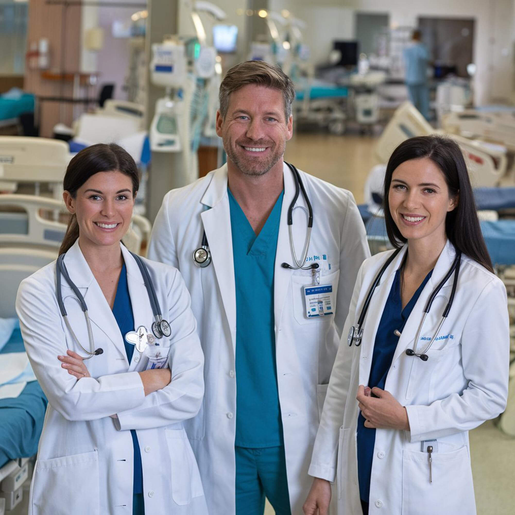 Healthcare clinicians collaborating in a hospital setting